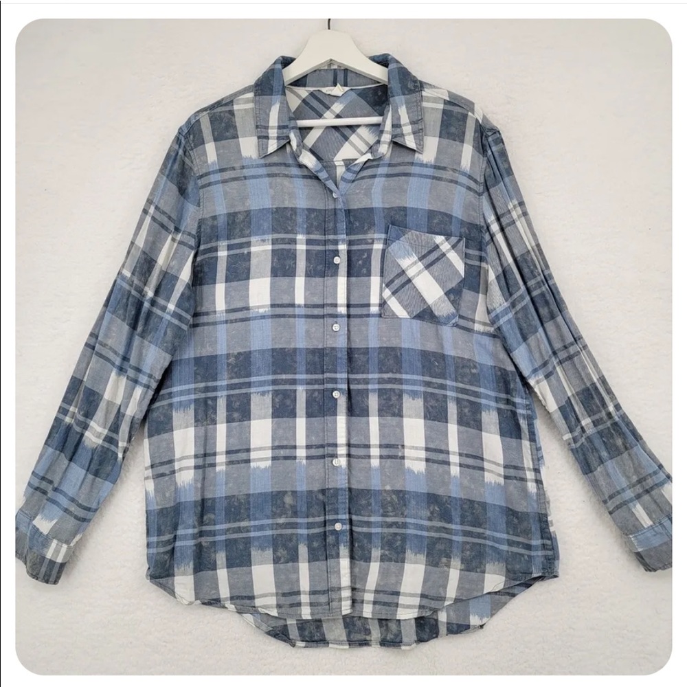 Aeropostle Plaid Tunic Shirt Womens Large Blue Bleach Look Brushstroke Button Up